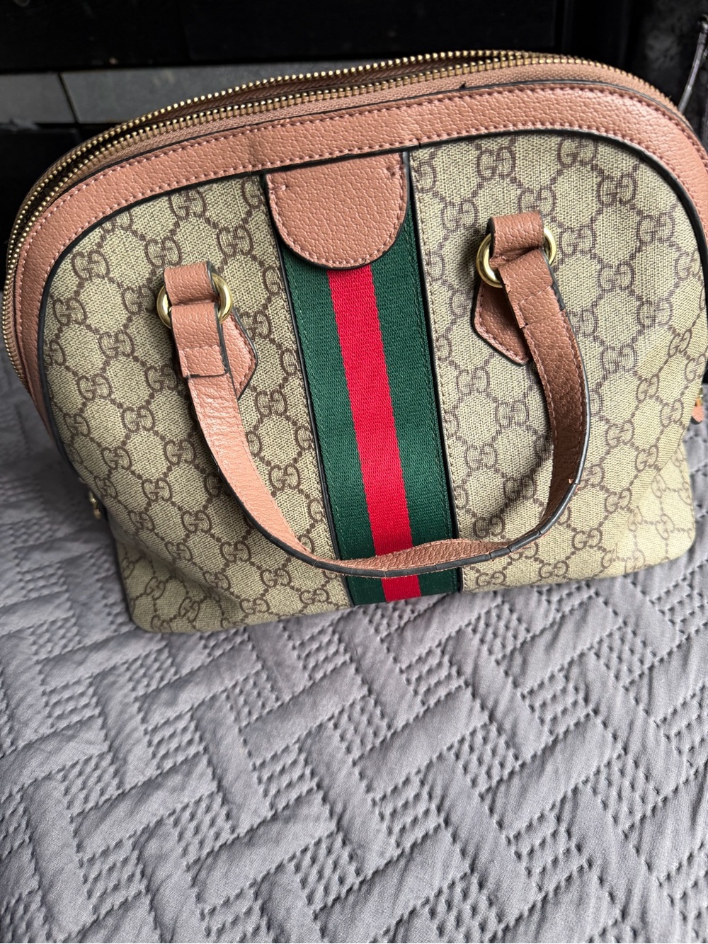Gucci Beige GG Supreme Satchel with Green and Red Web